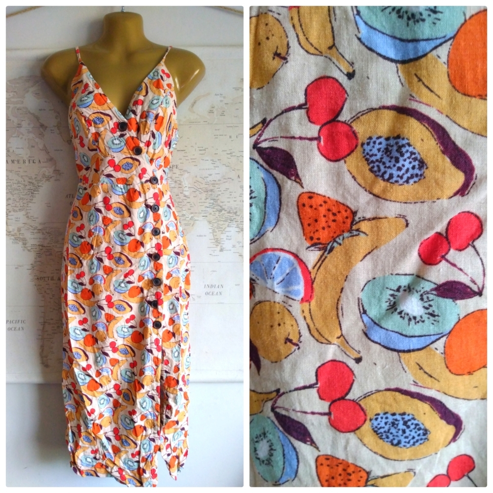 UO Amber Button-Down Linen Midi Dress-Size S